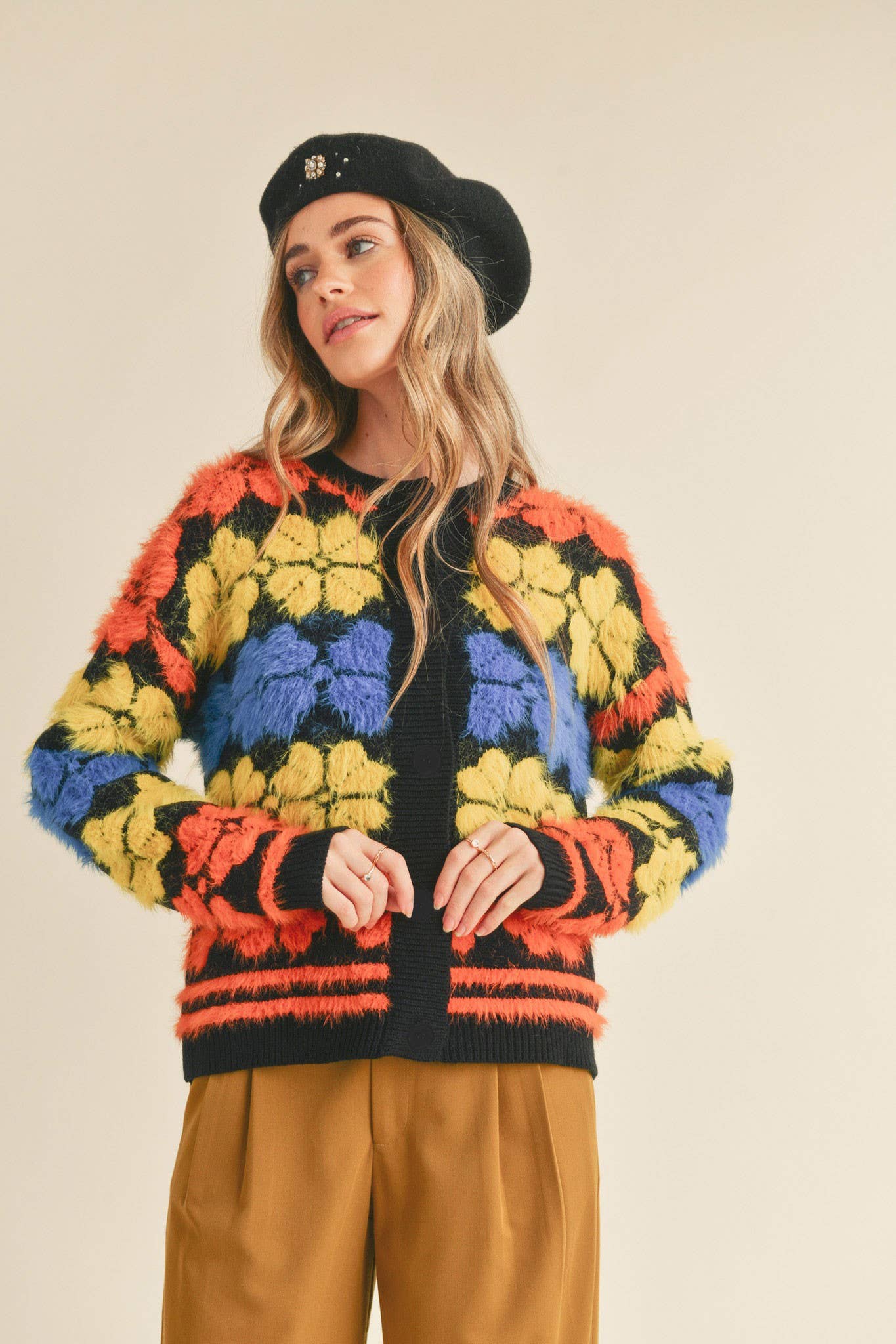 SHAGGY KNIT FLORAL SWEATER CARDIGAN MSW10343 - The Elevated Hippie