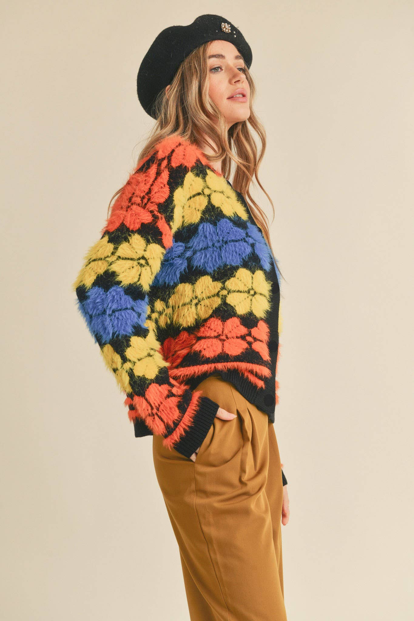 SHAGGY KNIT FLORAL SWEATER CARDIGAN MSW10343 - The Elevated Hippie