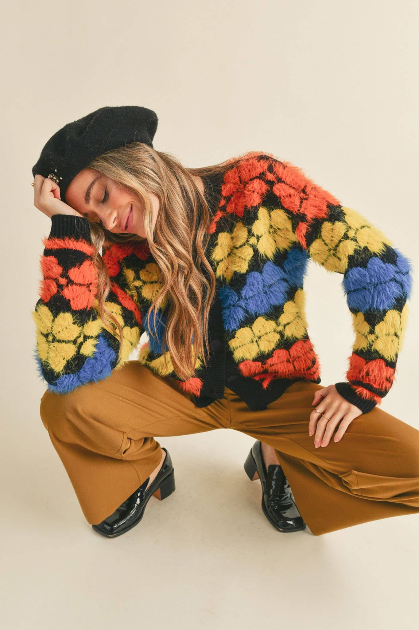 SHAGGY KNIT FLORAL SWEATER CARDIGAN MSW10343 - The Elevated Hippie