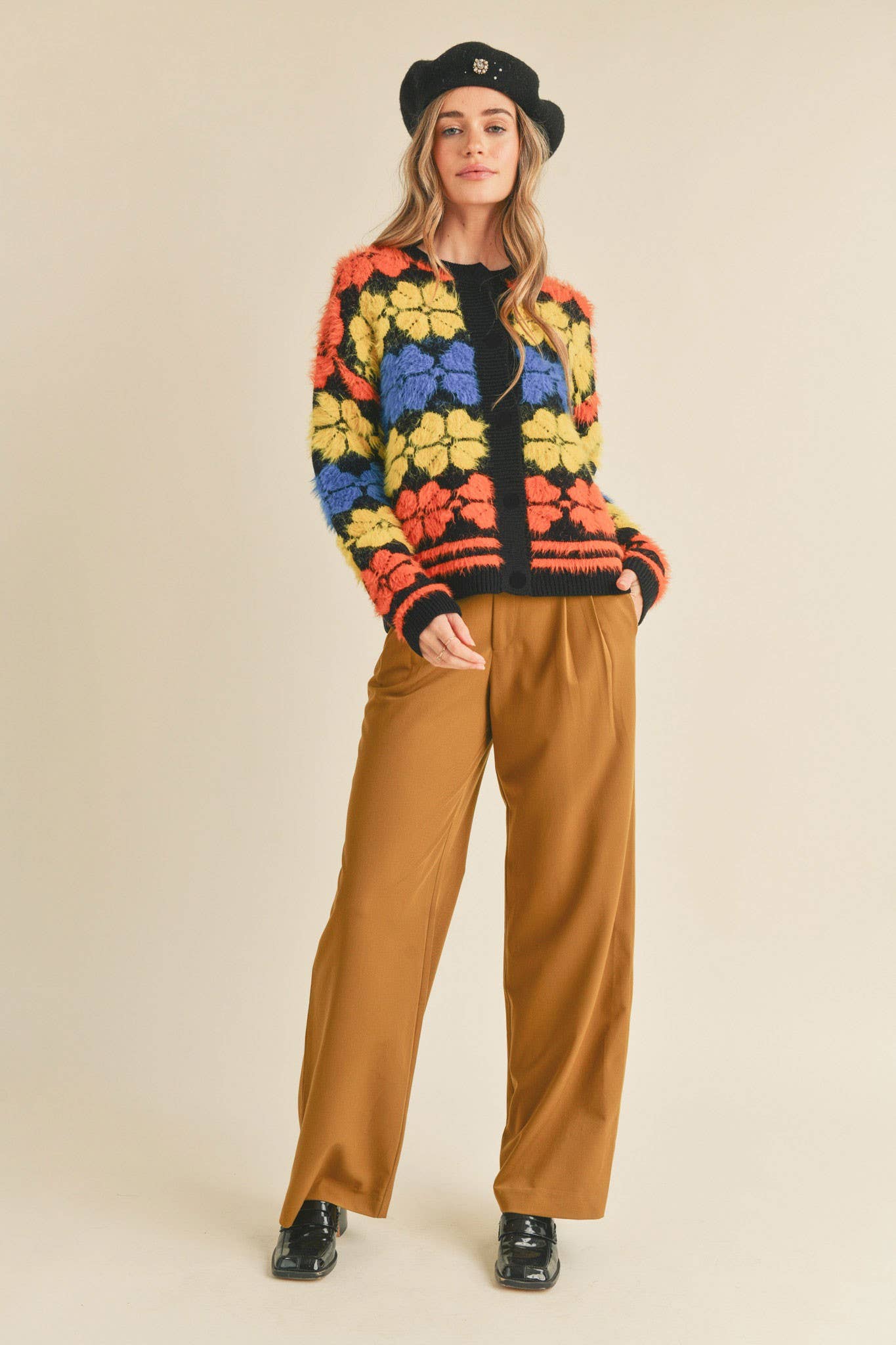 SHAGGY KNIT FLORAL SWEATER CARDIGAN MSW10343 - The Elevated Hippie