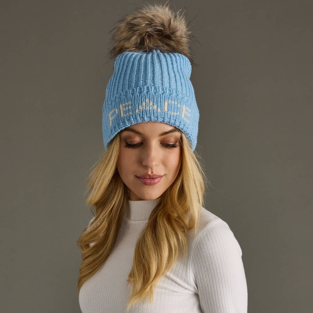 Lt. Blue Peace Knit Pom Hat Fleece Lined - The Elevated Hippie