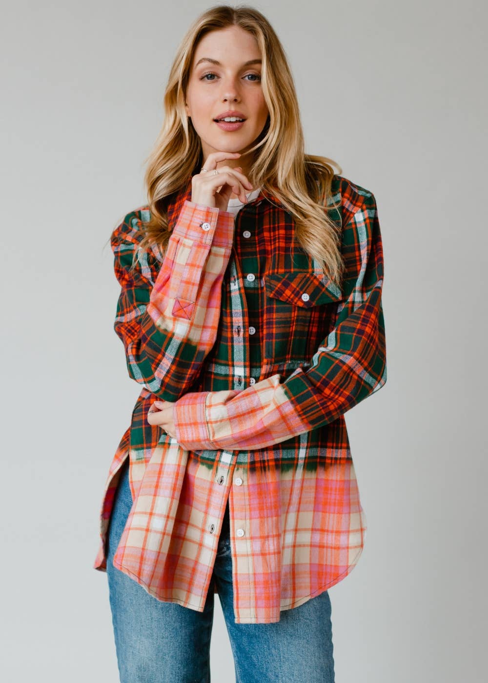 Green, Navy, Orange & White Plaid Flannel - The Elevated Hippie
