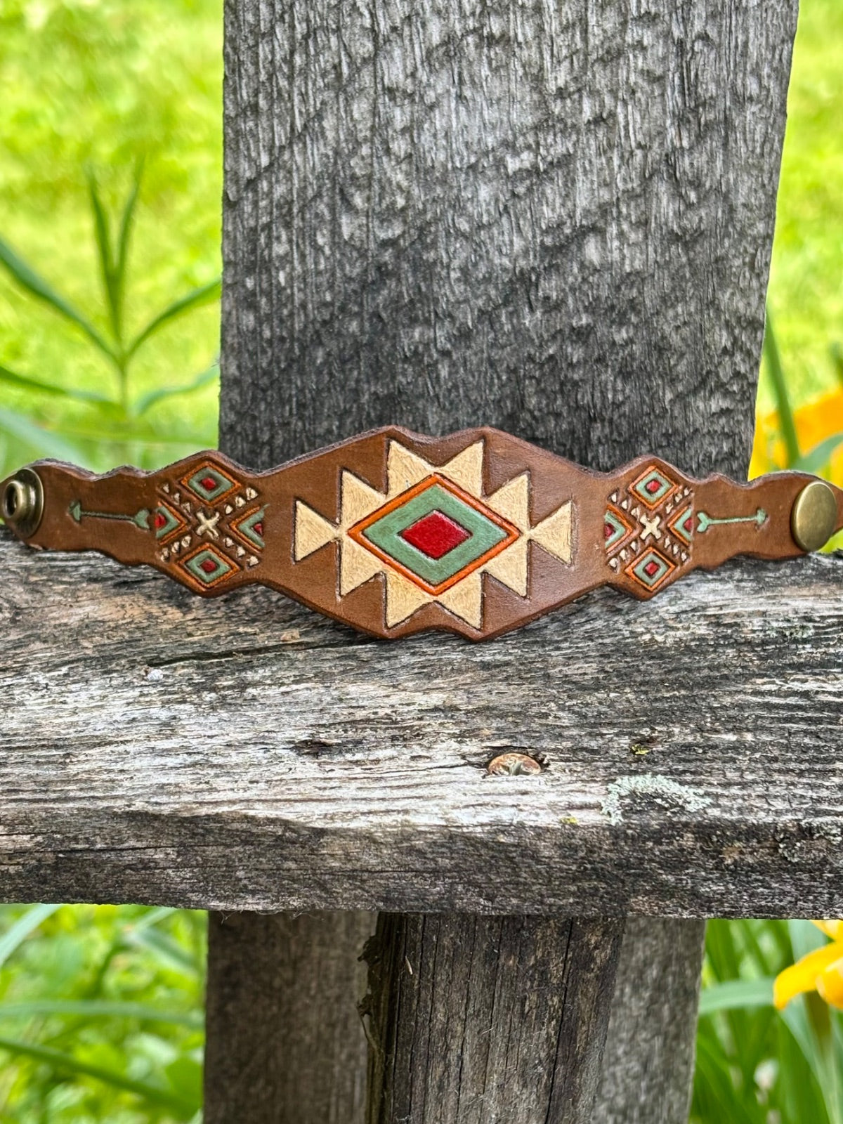 Southwest diamond cutout leather cuff bracelet by Angie Meyers Designs