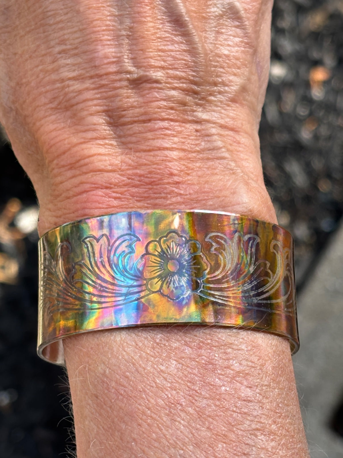 1" Fire Painted Copper Etched Cuff Bracelets