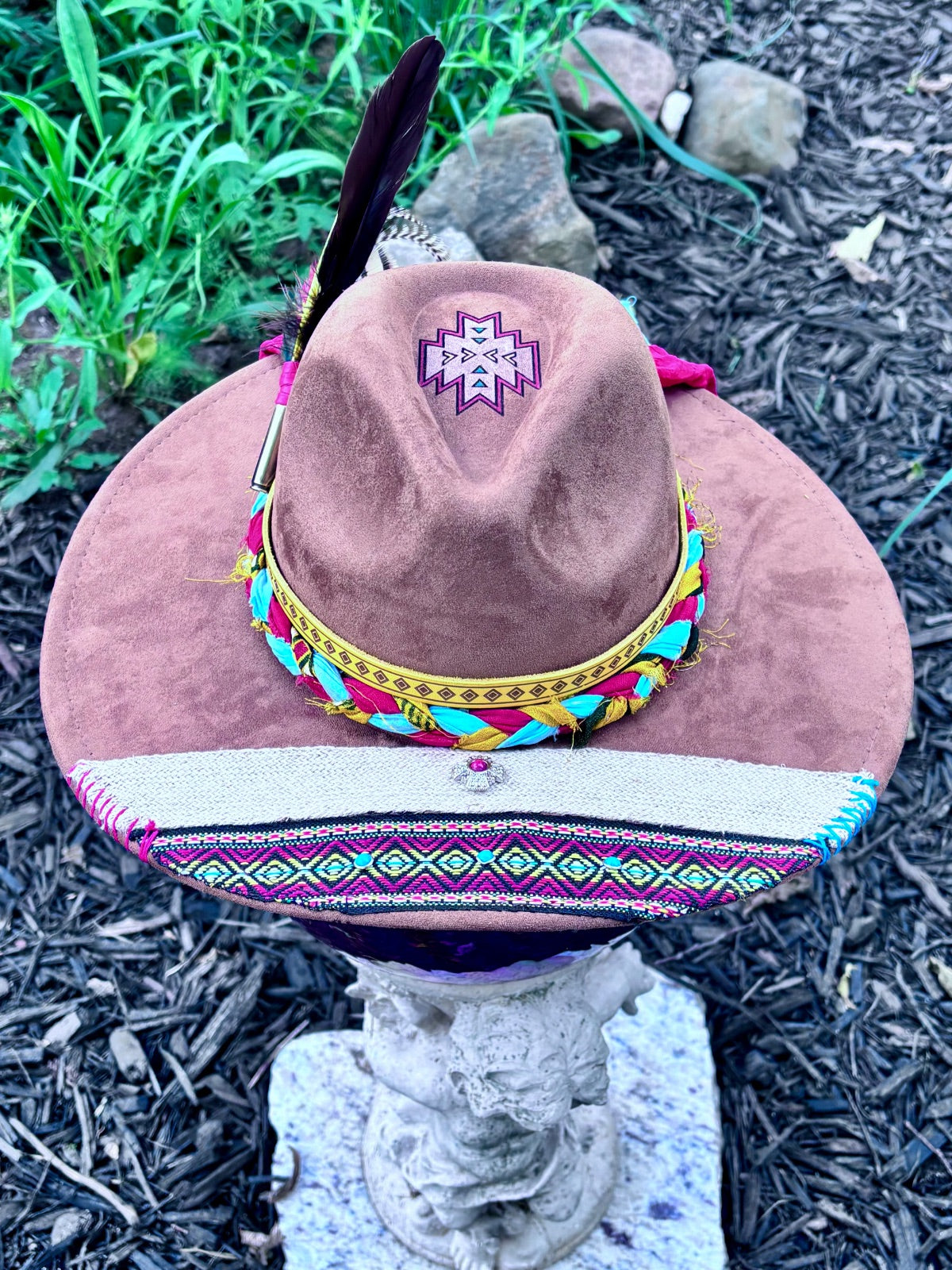 Side view of southwest aztec vegan suede rancher hat