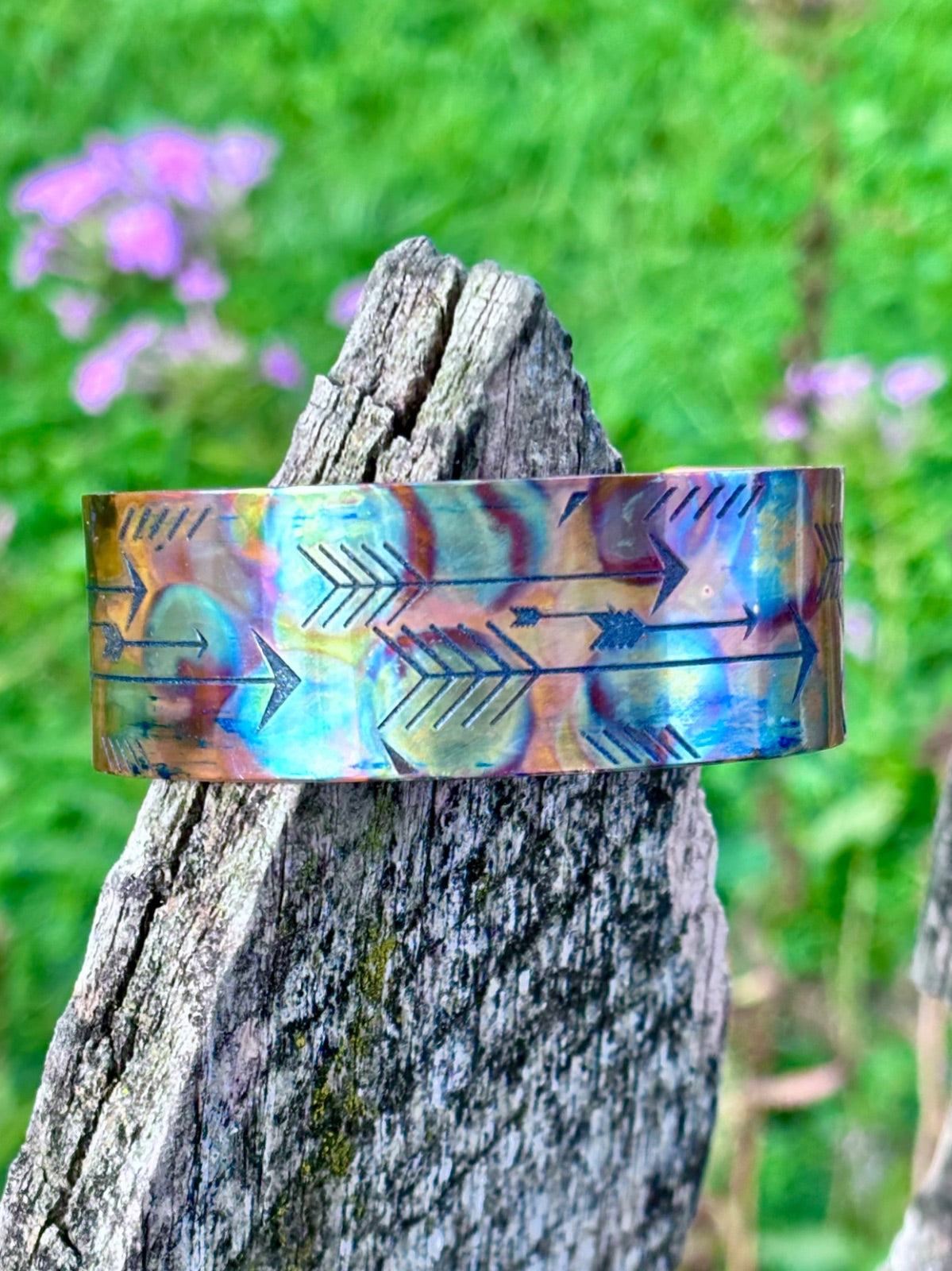 Side view of mens fire painted copper cuff bracelet