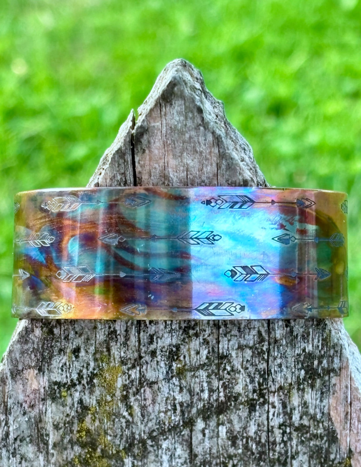 Mens fire painted copper cuff bracelet color detail
