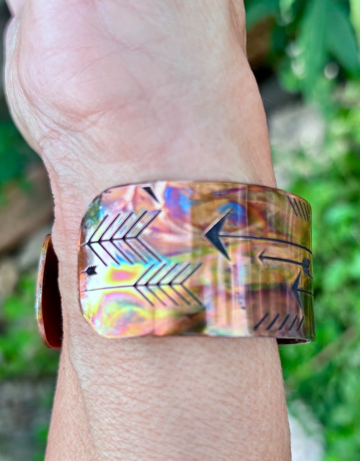 Fire painted copper cuff bracelet open-back detail