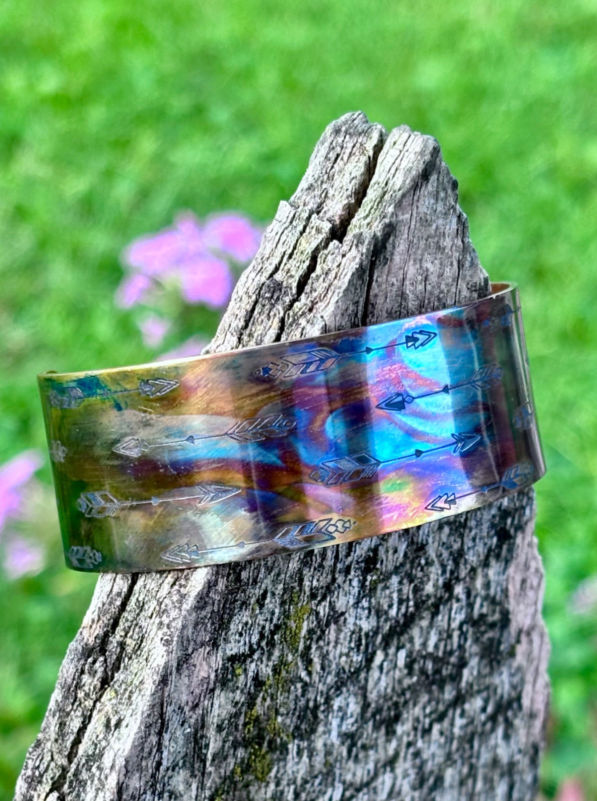 Mens fire painted copper cuff bracelet styled flat lay