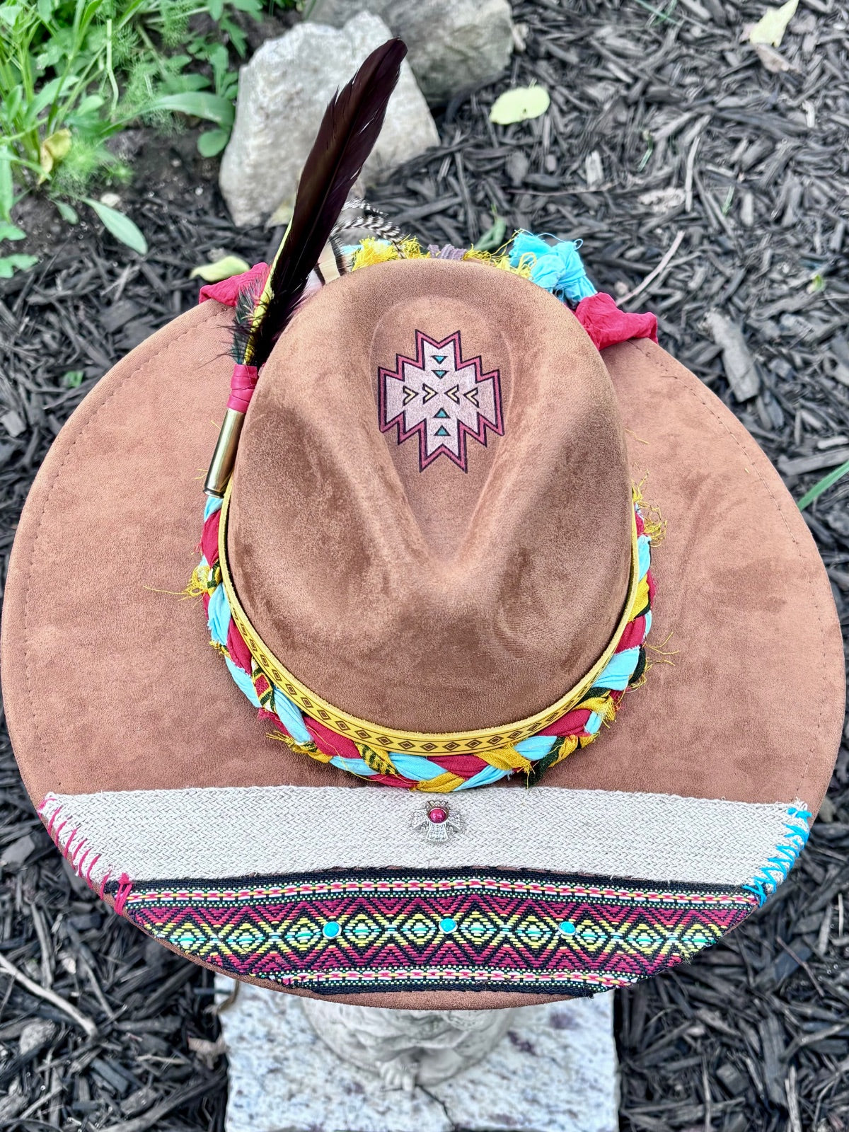 Southwest aztec vegan suede rancher hat, top-down view