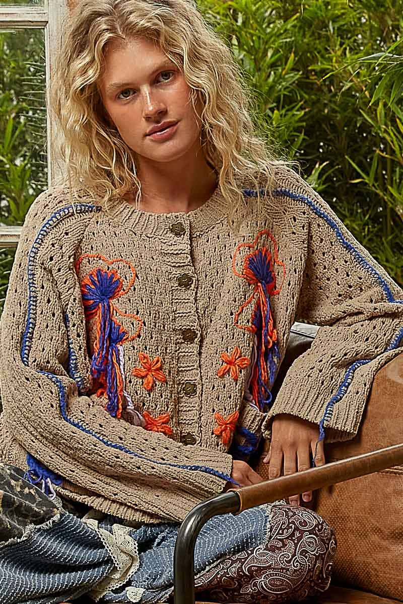 Long sleeve floral frayed edge chenille sweater cardigan top - The Elevated Hippie