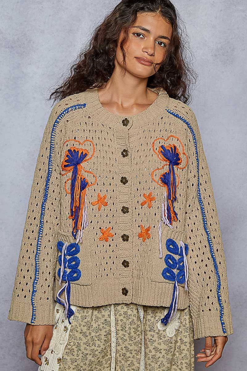 Long sleeve floral frayed edge chenille sweater cardigan top - The Elevated Hippie