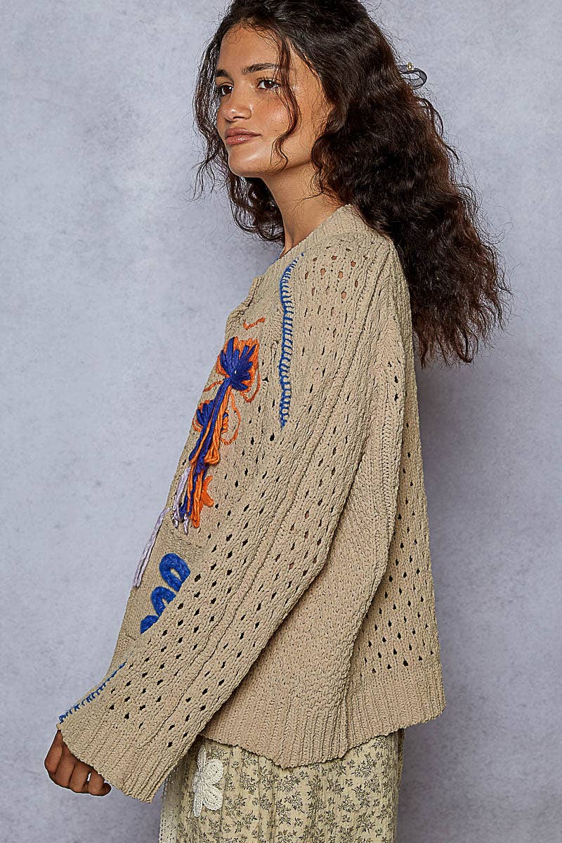 Long sleeve floral frayed edge chenille sweater cardigan top - The Elevated Hippie