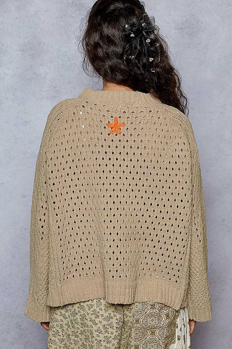 Long sleeve floral frayed edge chenille sweater cardigan top - The Elevated Hippie