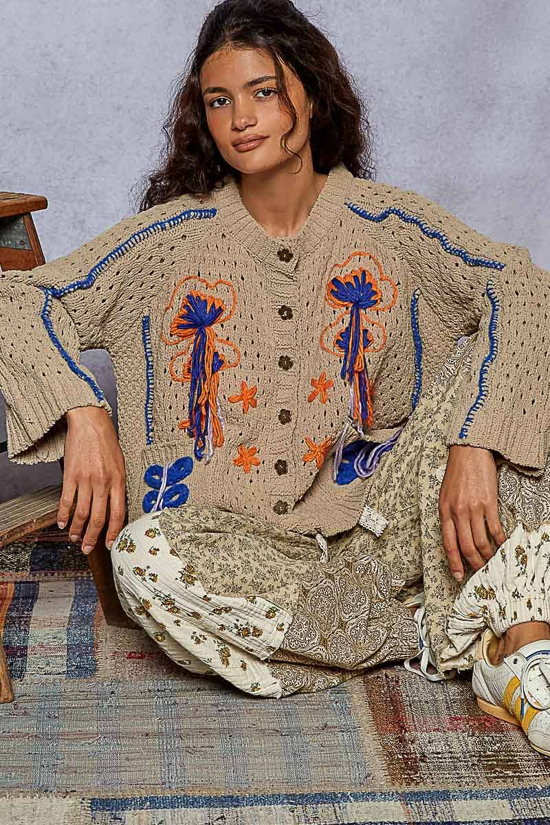 Long sleeve floral frayed edge chenille sweater cardigan top - The Elevated Hippie