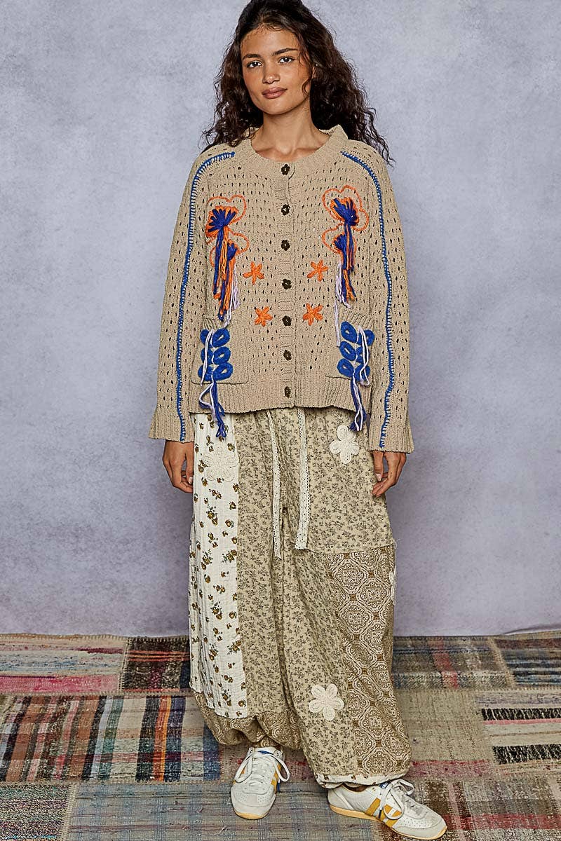 Long sleeve floral frayed edge chenille sweater cardigan top - The Elevated Hippie