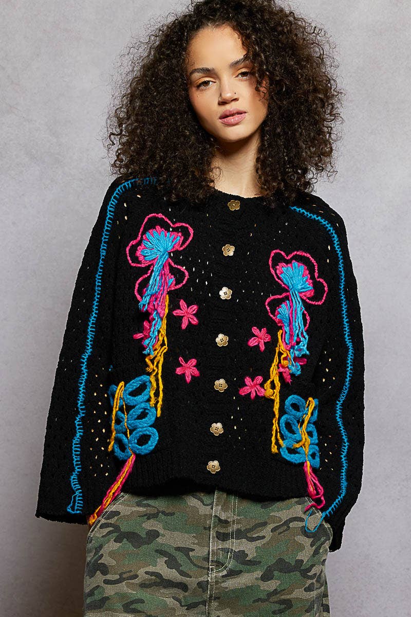Long sleeve floral frayed edge chenille sweater cardigan top - The Elevated Hippie