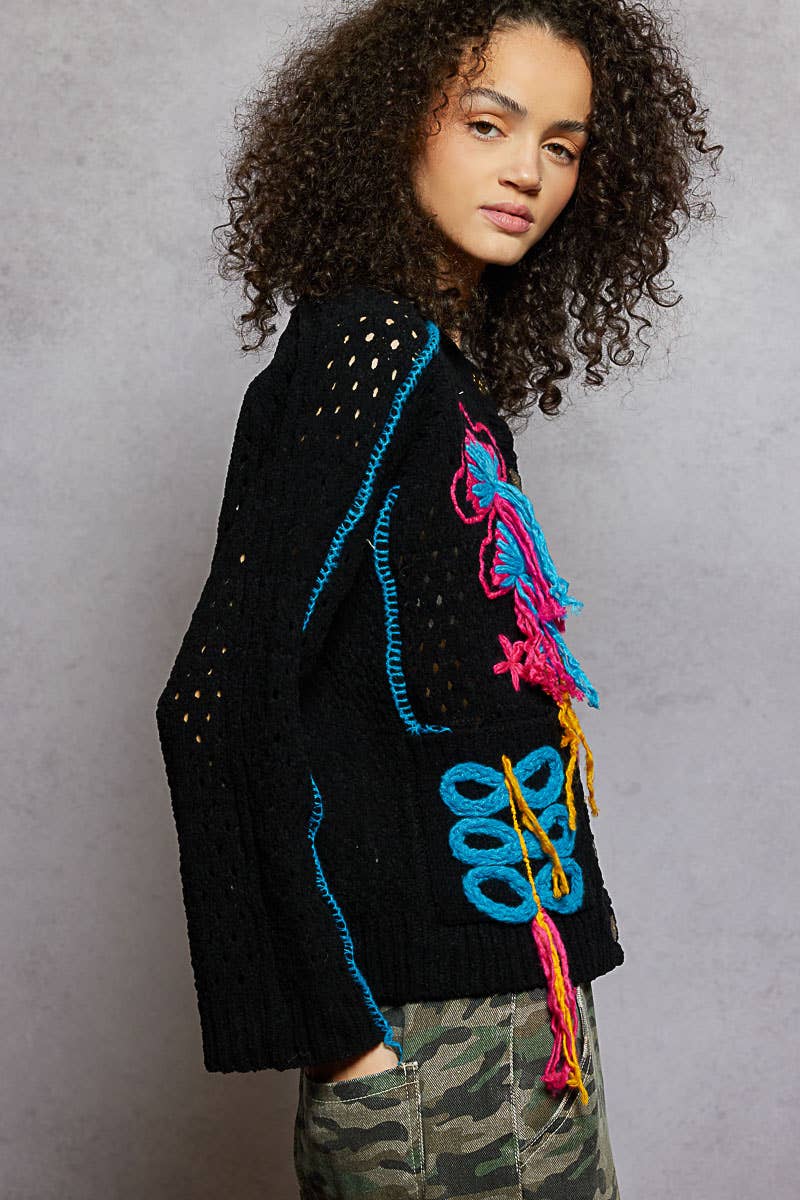 Long sleeve floral frayed edge chenille sweater cardigan top - The Elevated Hippie