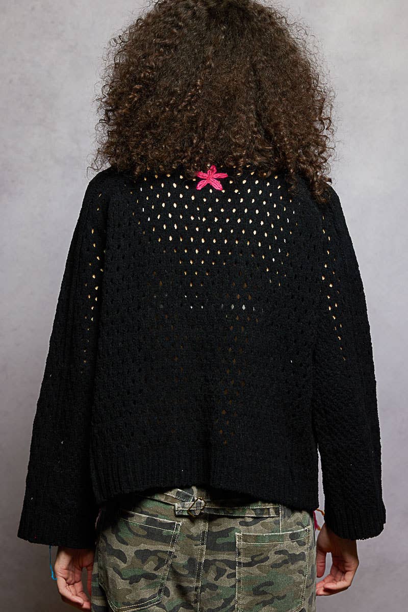 Long sleeve floral frayed edge chenille sweater cardigan top - The Elevated Hippie