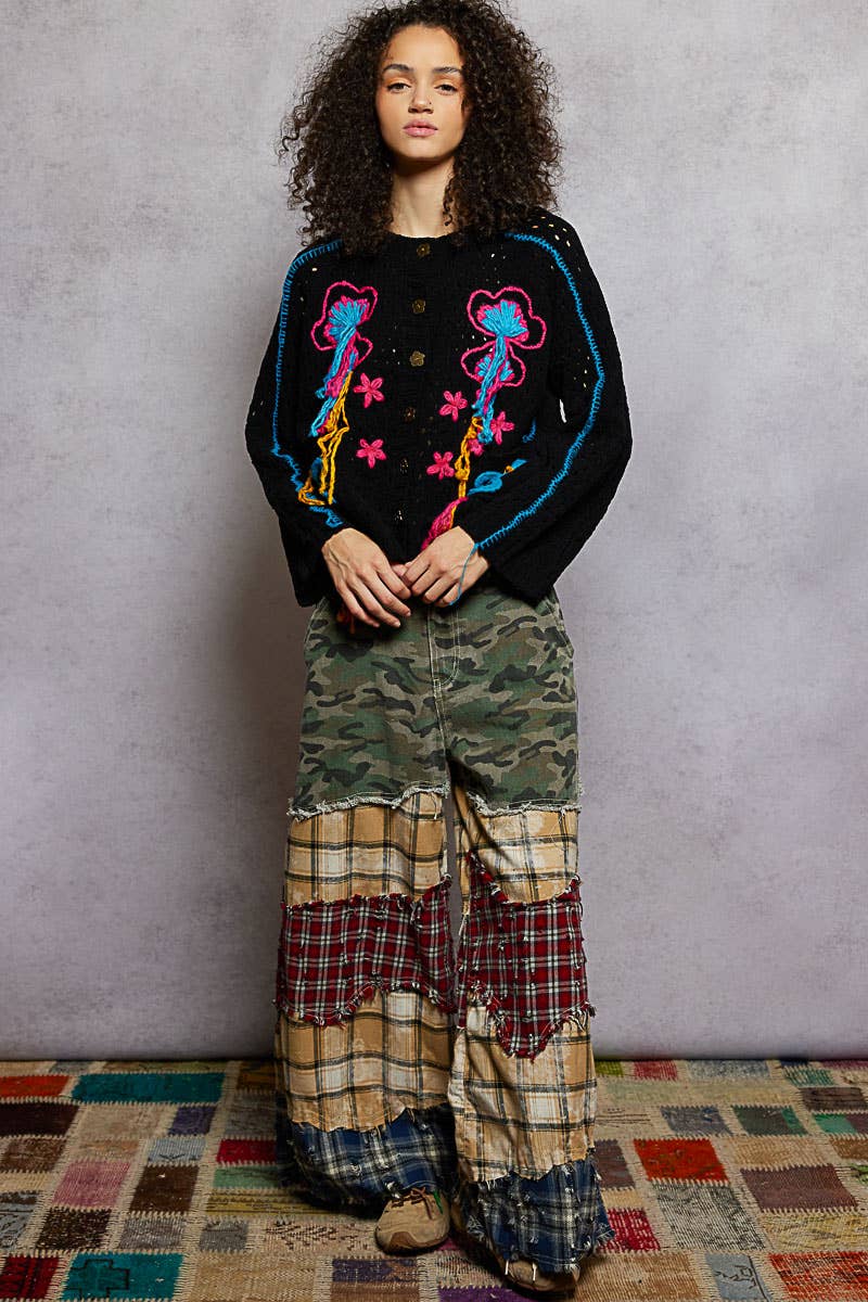 Long sleeve floral frayed edge chenille sweater cardigan top - The Elevated Hippie