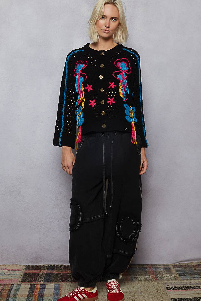 Long sleeve floral frayed edge chenille sweater cardigan top - The Elevated Hippie