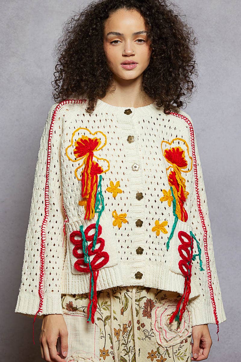 Long sleeve floral frayed edge chenille sweater cardigan top - The Elevated Hippie