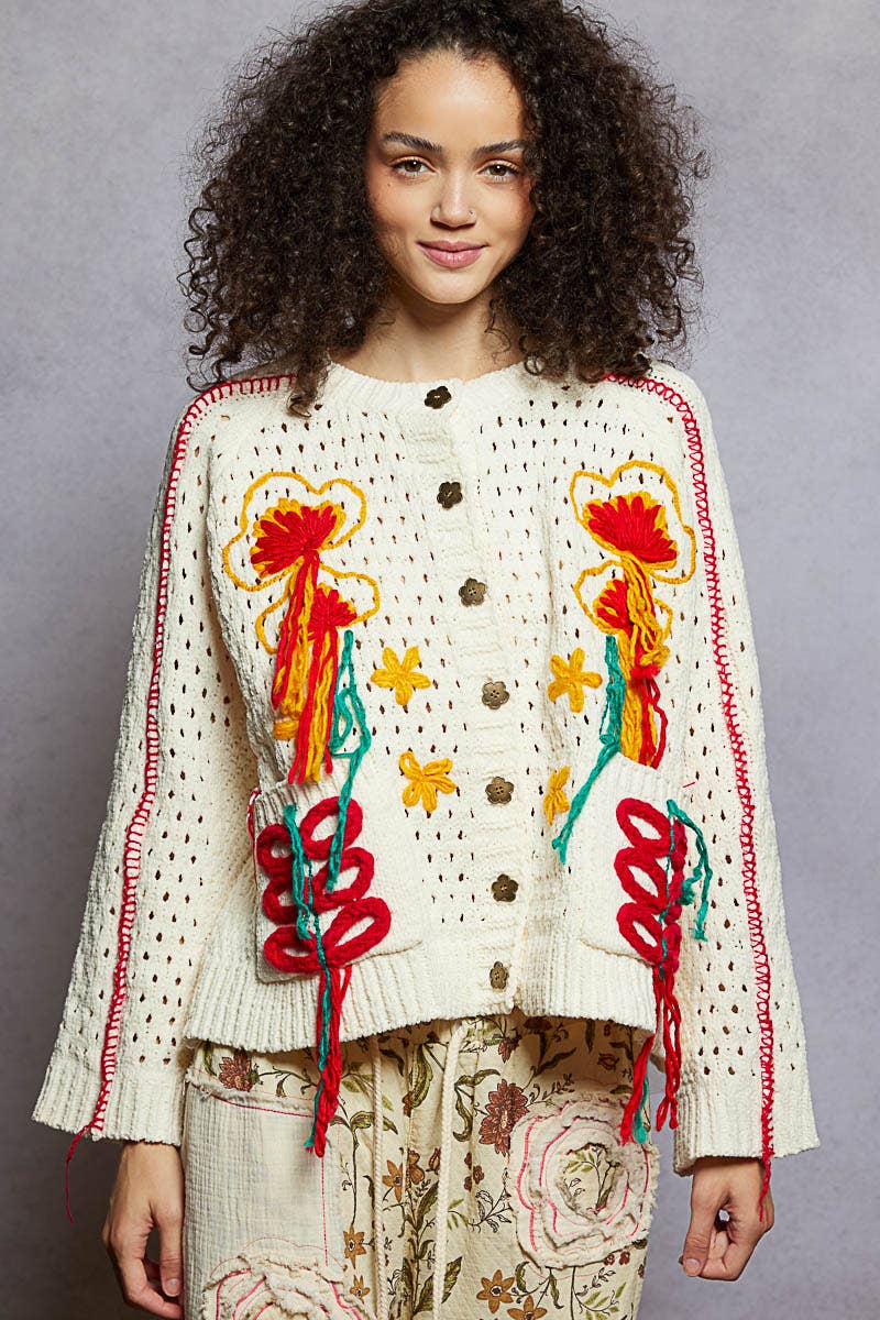 Long sleeve floral frayed edge chenille sweater cardigan top - The Elevated Hippie