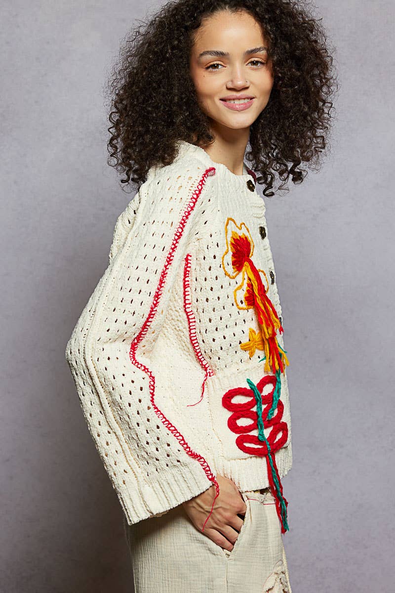 Long sleeve floral frayed edge chenille sweater cardigan top - The Elevated Hippie