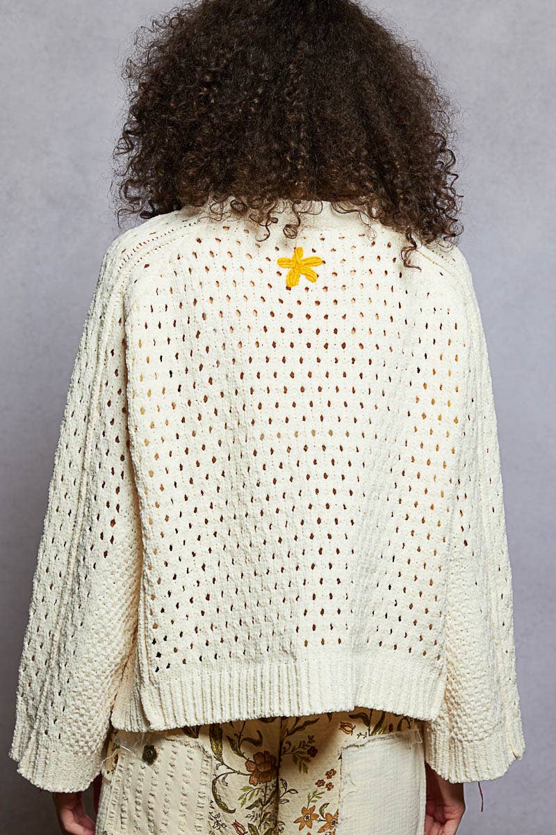 Long sleeve floral frayed edge chenille sweater cardigan top - The Elevated Hippie