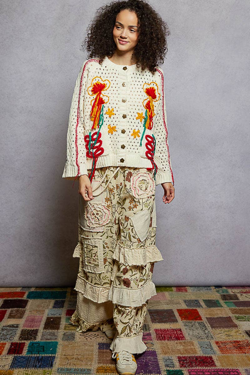 Long sleeve floral frayed edge chenille sweater cardigan top - The Elevated Hippie