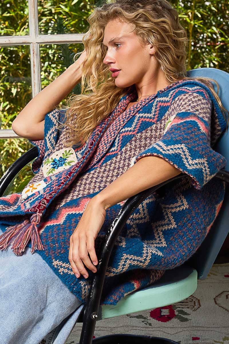 Sleeveless Poncho Paisley Sweater Aztec Hooded Cardigan - The Elevated Hippie