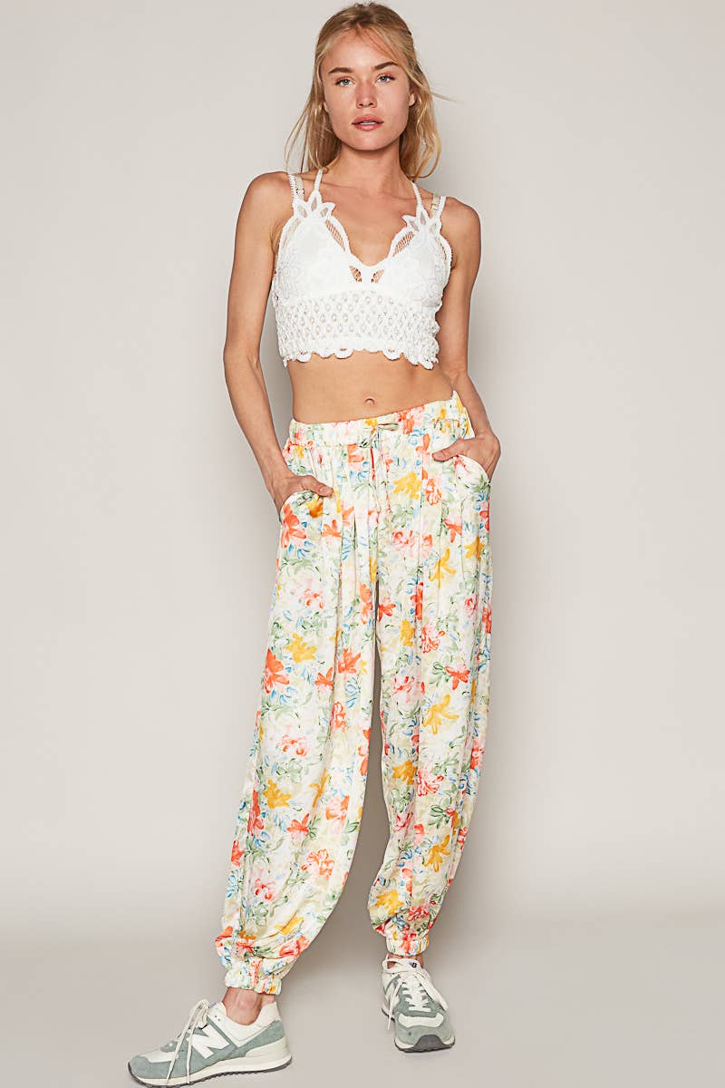 Women's Floral Print Harem Pants – Adjustable Waist Woven Boho Lounge Pants - The Elevated Hippie