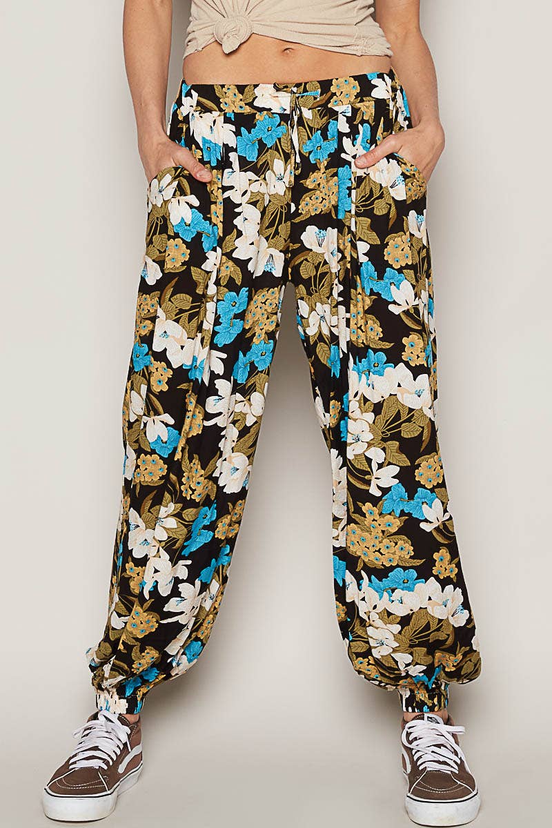 Women's Floral Print Harem Pants – Adjustable Waist Woven Boho Lounge Pants - The Elevated Hippie