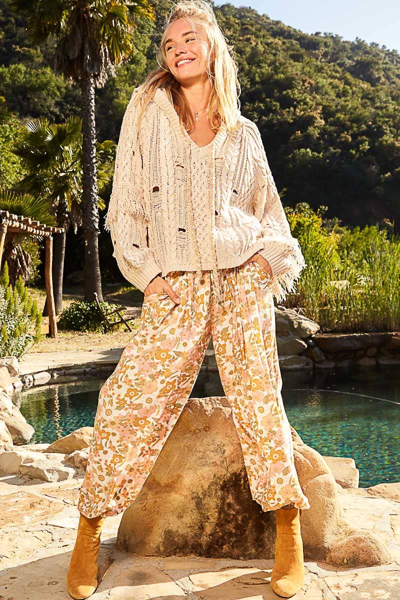 Women's Floral Print Harem Pants – Adjustable Waist Woven Boho Lounge Pants - The Elevated Hippie
