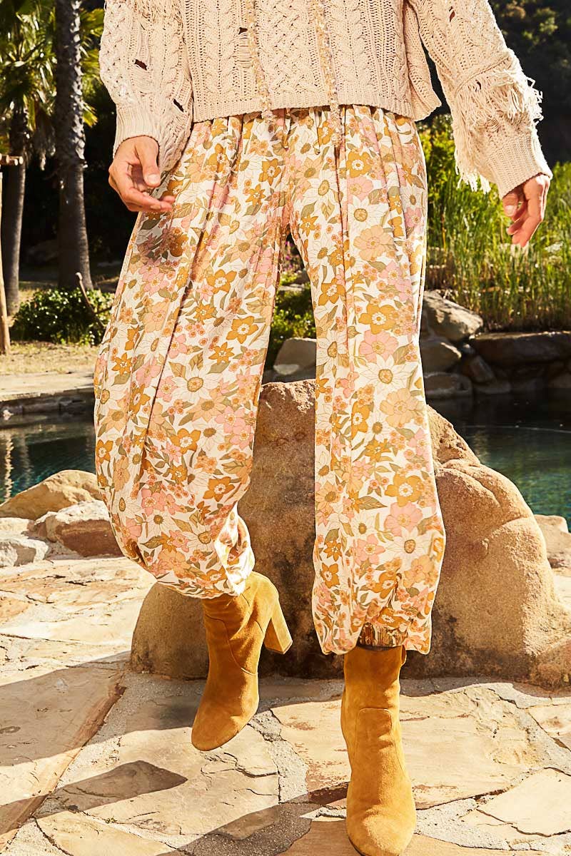 Women's Floral Print Harem Pants – Adjustable Waist Woven Boho Lounge Pants - The Elevated Hippie