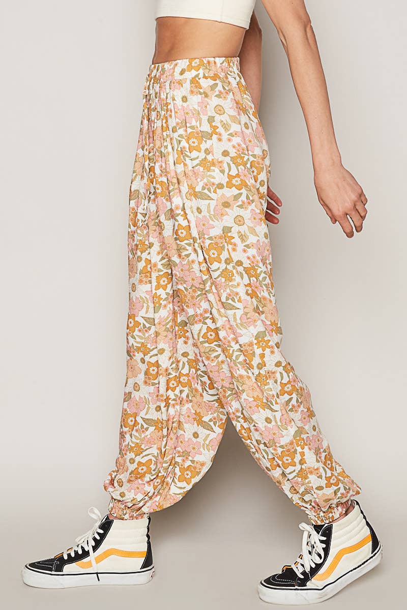 Women's Floral Print Harem Pants – Adjustable Waist Woven Boho Lounge Pants - The Elevated Hippie