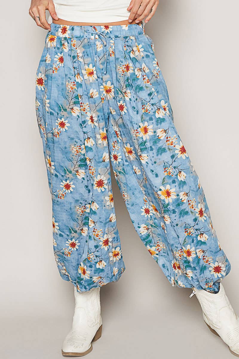 Women's Floral Print Harem Pants – Adjustable Waist Woven Boho Lounge Pants - The Elevated Hippie