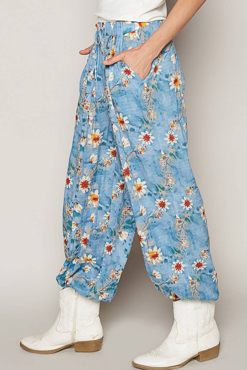 Women's Floral Print Harem Pants – Adjustable Waist Woven Boho Lounge Pants - The Elevated Hippie