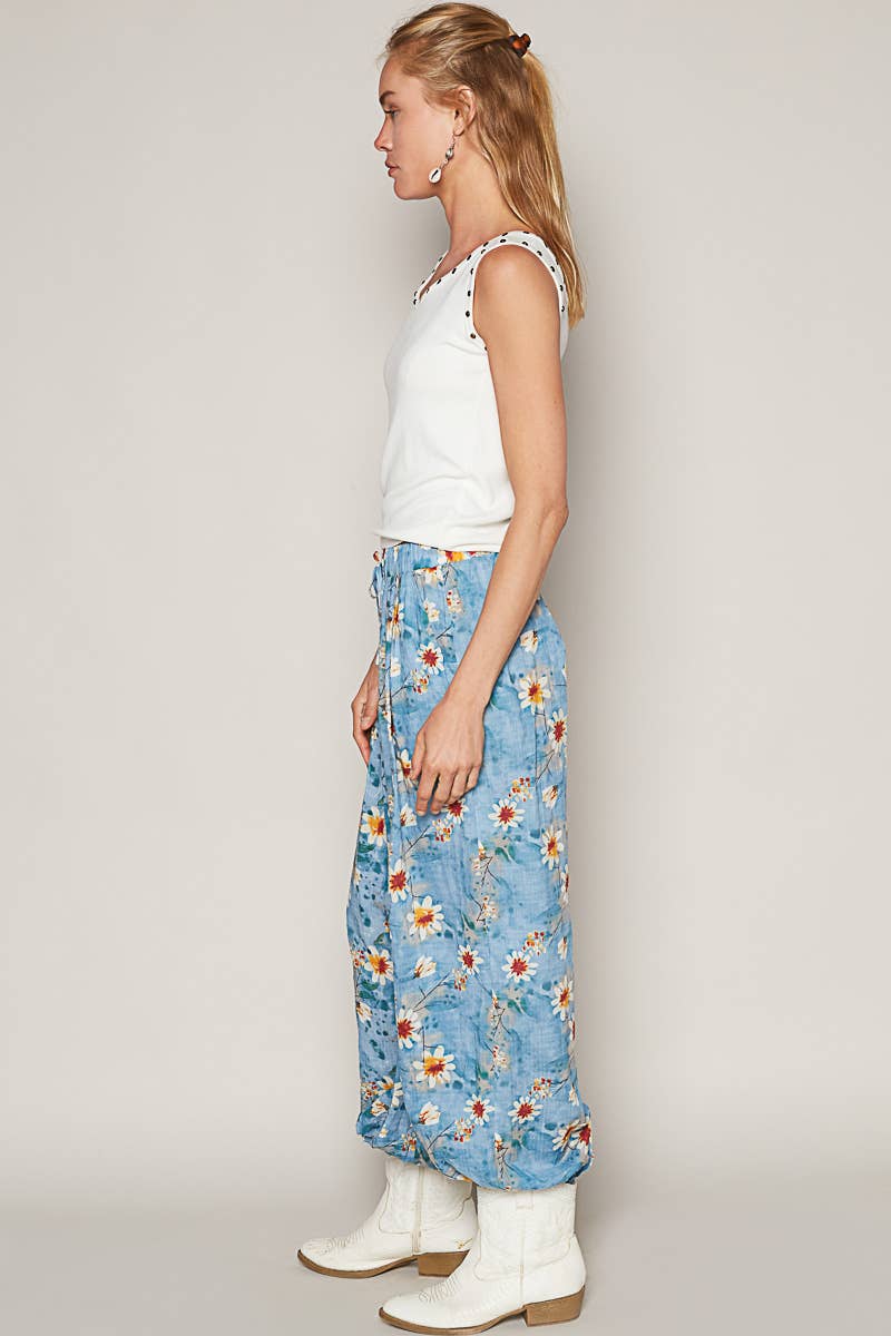 Women's Floral Print Harem Pants – Adjustable Waist Woven Boho Lounge Pants - The Elevated Hippie