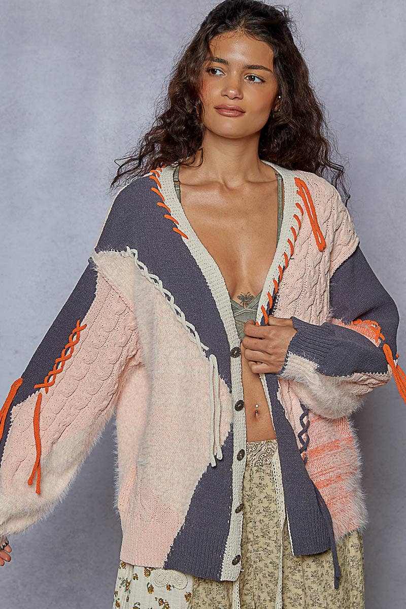 V neck solid frayed edge detail cardigan sweater top - The Elevated Hippie