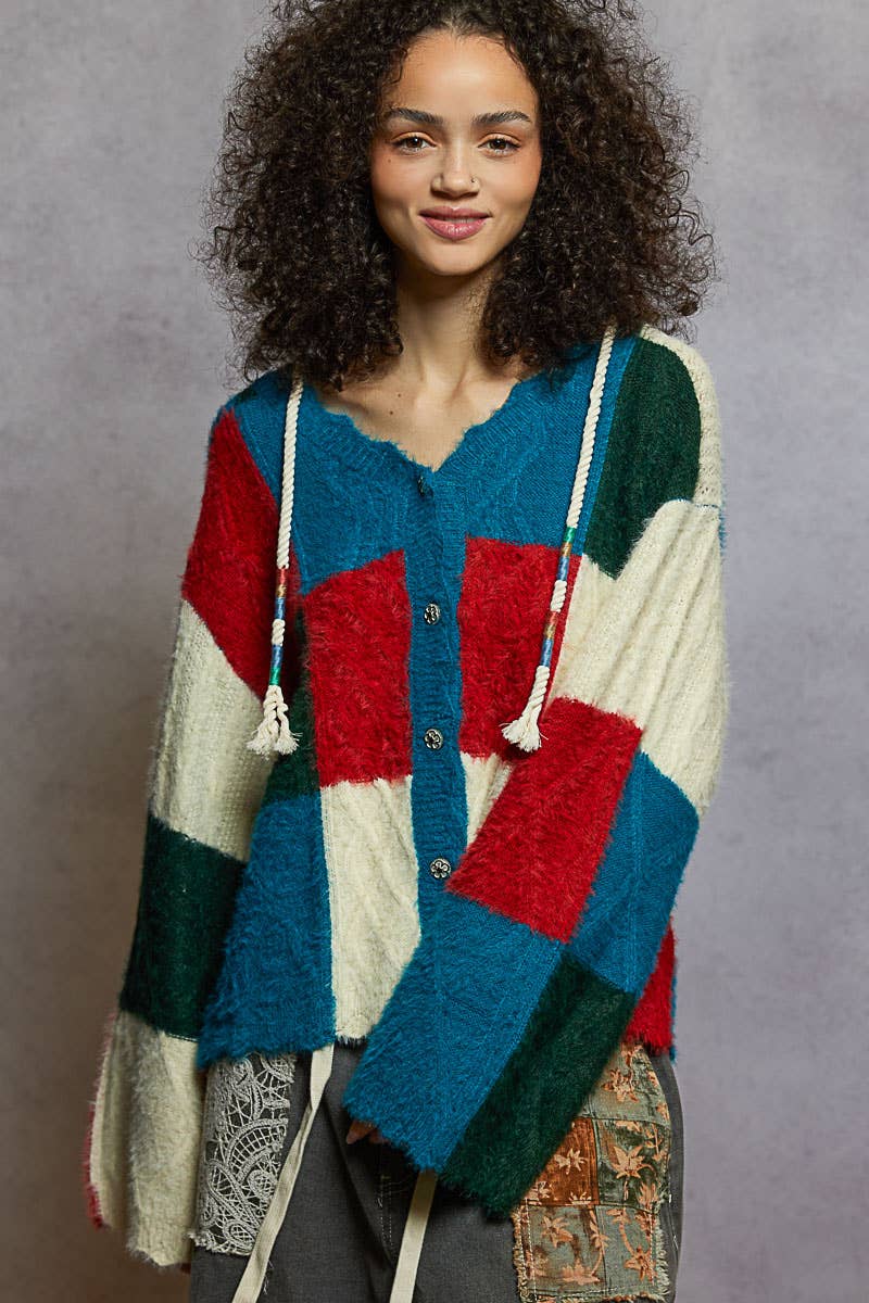 V-neck long sleeve color block mohair hoodie sweater top - The Elevated Hippie