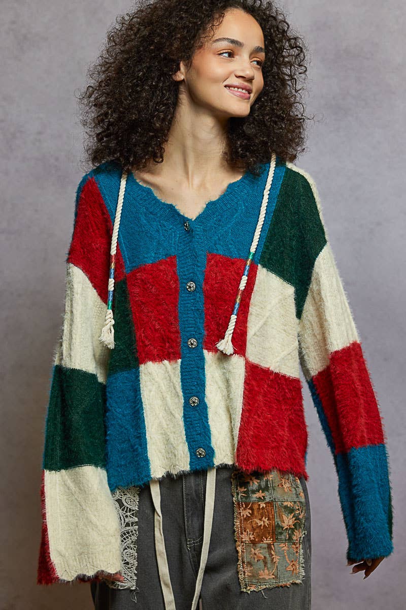 V-neck long sleeve color block mohair hoodie sweater top - The Elevated Hippie