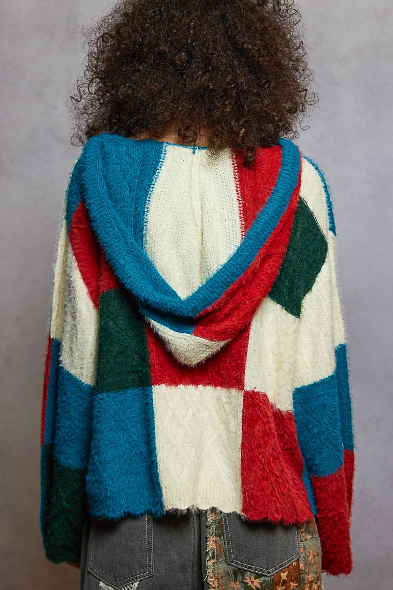 V-neck long sleeve color block mohair hoodie sweater top - The Elevated Hippie