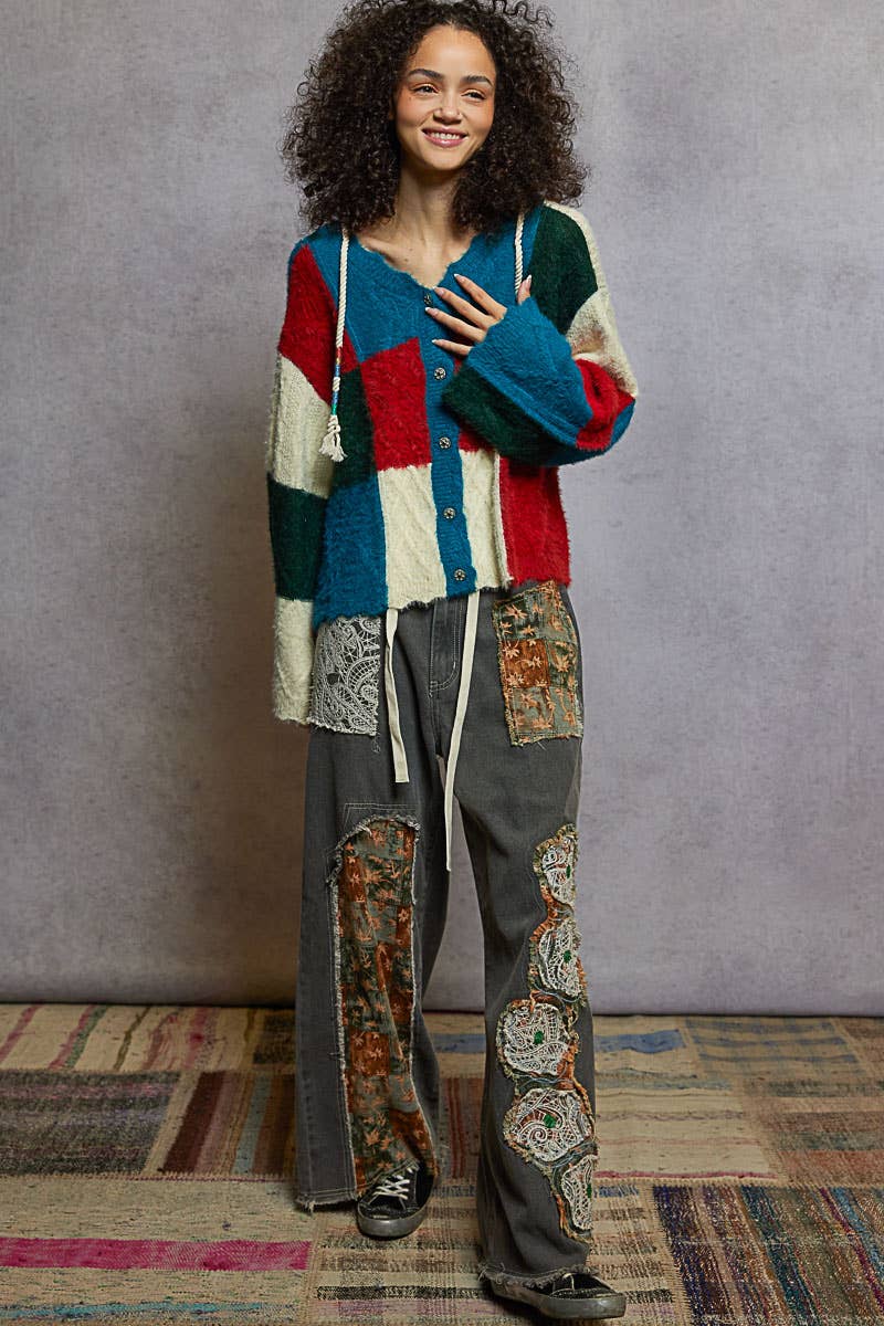 V-neck long sleeve color block mohair hoodie sweater top - The Elevated Hippie