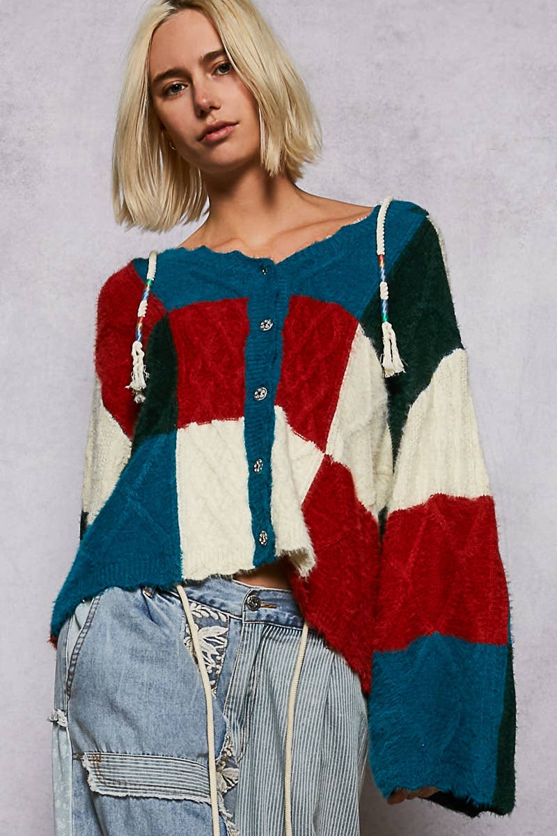 V-neck long sleeve color block mohair hoodie sweater top - The Elevated Hippie