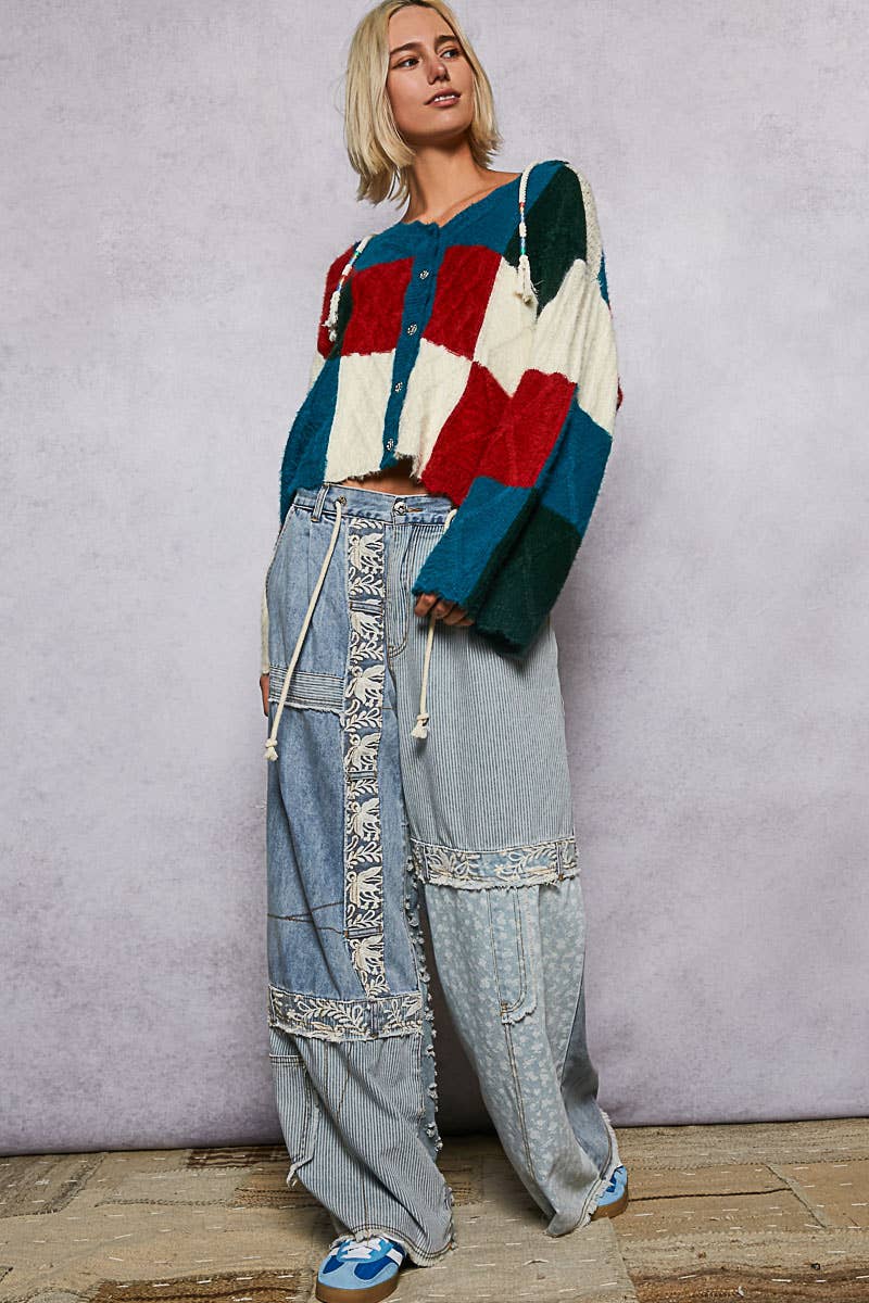 V-neck long sleeve color block mohair hoodie sweater top - The Elevated Hippie