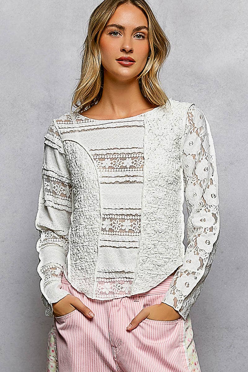 Long Sleeve Round Neck Lace Texture Knit Slim Fit Top - The Elevated Hippie