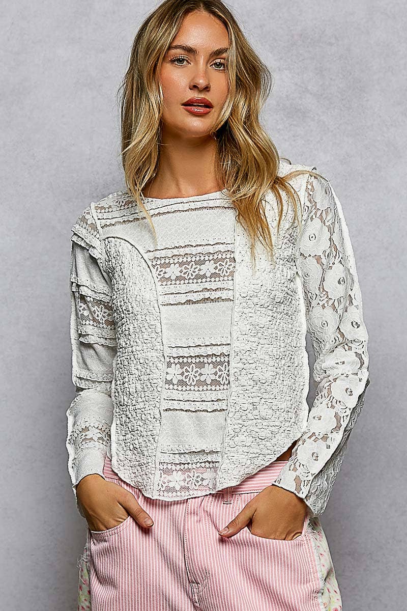 Long Sleeve Round Neck Lace Texture Knit Slim Fit Top - The Elevated Hippie