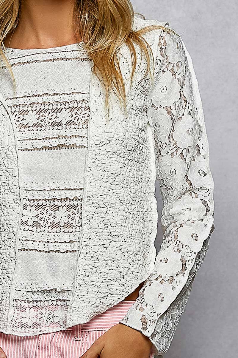 Long Sleeve Round Neck Lace Texture Knit Slim Fit Top - The Elevated Hippie