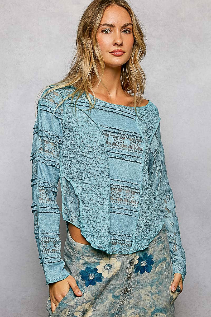 Long Sleeve Round Neck Lace Texture Knit Slim Fit Top - The Elevated Hippie